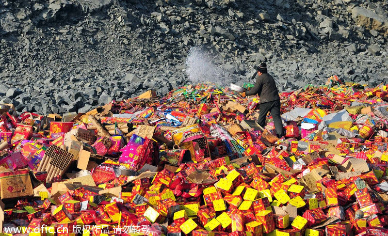 Illegal fireworks confiscated, burned in NE China