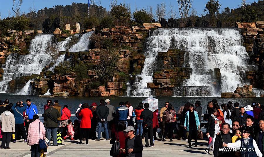 Park featuring 400m-wide manmade waterfall opens in Kunming