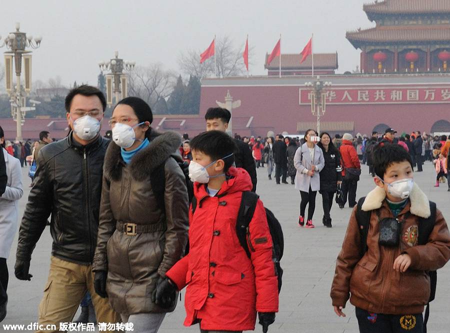 Tourists visit Beijing attractions despite heavy smog