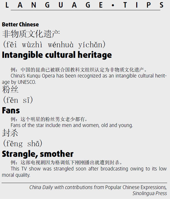 封殺　strangle;非物質文化遺產　intangible cultural heritage