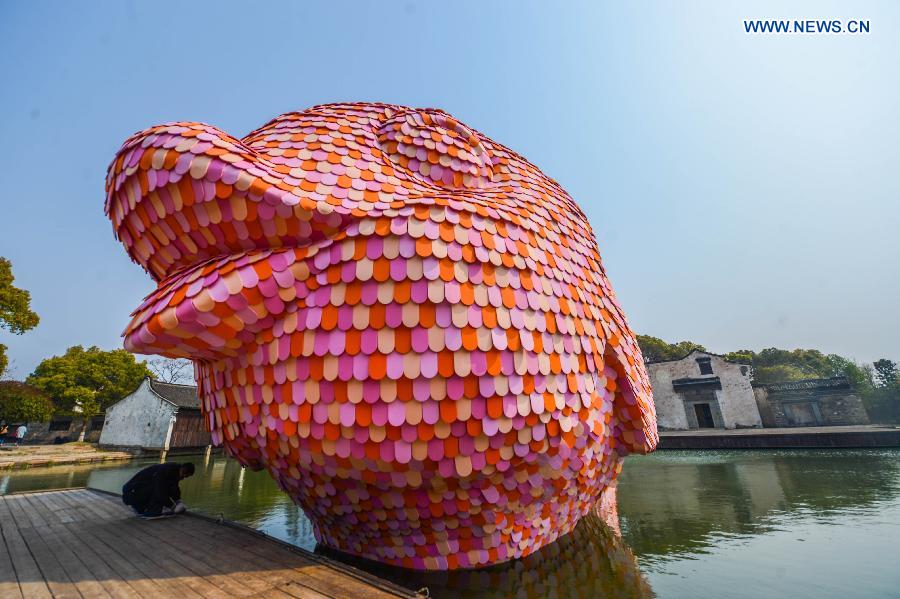 Giant pink 'Floating Fish' displayed in East China