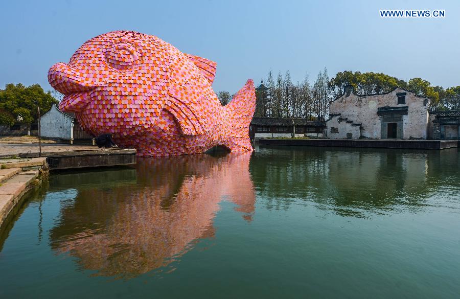 Giant pink 'Floating Fish' displayed in East China