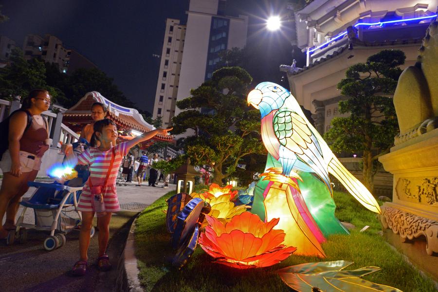 Lantern decorations illuminated for Mid-Autumn Festival celebrations in Singapore