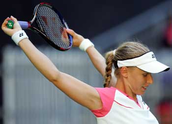 Sixth seed 
 Russia's Elena Dementieva stretches during her third round match against Slovakia's Daniela Hantuchova, the number 26 seed, at the Australian Open tennis tournament in Melbourne January 22, 2005. Dementieva won 7-5 5-7 6-4. 