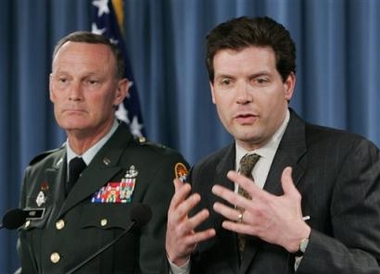 Joint Task Force Guantanamo Commander Brig. Gen. Jay W. Hood, and Pentagon Spokesman Lawrence DiRita, right, brief the media, about the inquiry into allegations of possible mishandling of the Quran, Thursday, May 26, 2005 at the Pentagon in Washington. A prisoner at Guantanamo Bay who was reported by the FBI to have claimed in 2002 that a military guard threw a Quran holy book in the toilet has since recanted the story, senior Pentagon officials said Thursday. (AP