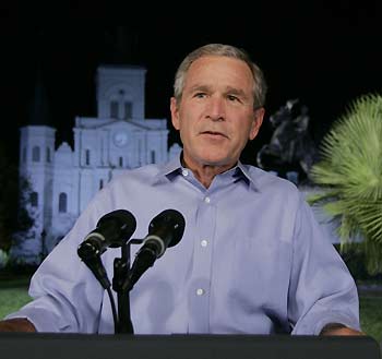 U.S. President George W. Bush speaks about Hurricane Katrina's damage to the nation, on network television from Jackson Square in New Orleans September 15, 2005. Bush believes the vision for rebuilding should be "locally inspired" but that the country as a whole needs to be committed to that longer-term effort. The president will continue to the White House following the speech. [Reuters]