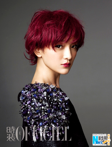 Zhou Xun in red hair on cover of L`OFFICIEL