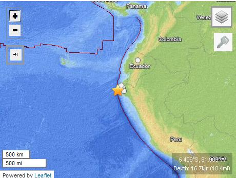 秘魯西北部海域發(fā)生6.2級地震 暫無傷亡損失(圖)