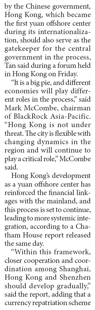 Yuan offshore center devt boosts HK-mainland link