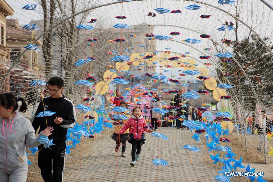 People view pinwheel decoration in NE China's Liaoning