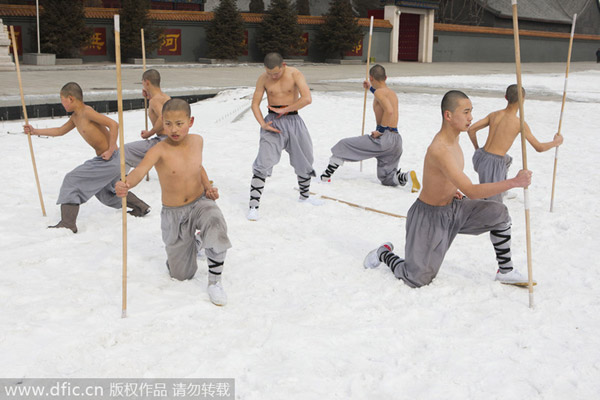 Buddhist monks break bricks in kung fu