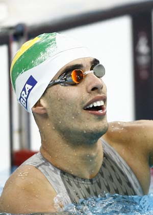  Daniel Dias of Brazil smiles after the SM5 final of men&apos;s 200m individual medley during the Beijing 2008 Paralympic Games at the National Aquatics Center in Beijing, Sept. 11, 2008. Dias claimed the title and broke the world record of the event with a time of 2 mins 52.60 secs.