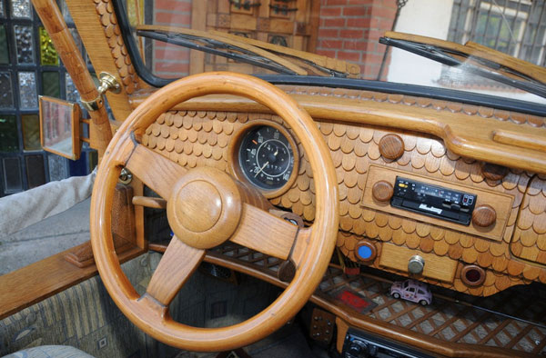 Hand-built wooden Volkswagen Beetle