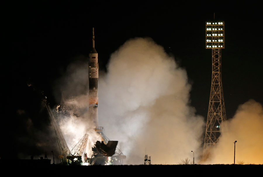 Russian-US crew blast off for space station