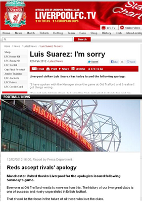 Suarez apologizes for not shaking Evra's hand