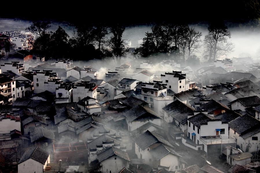 Scenery of Wuyuan at dawn after rainfall