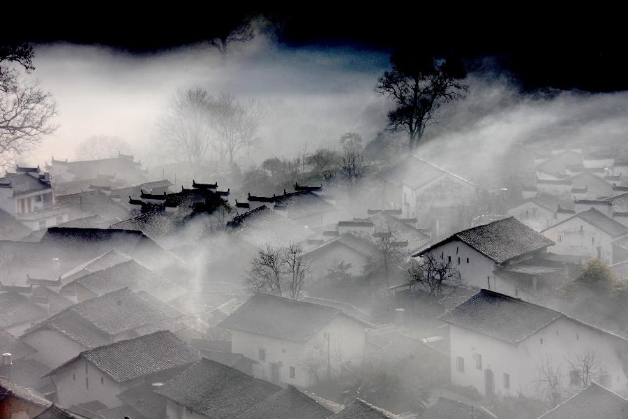 Scenery of Wuyuan at dawn after rainfall