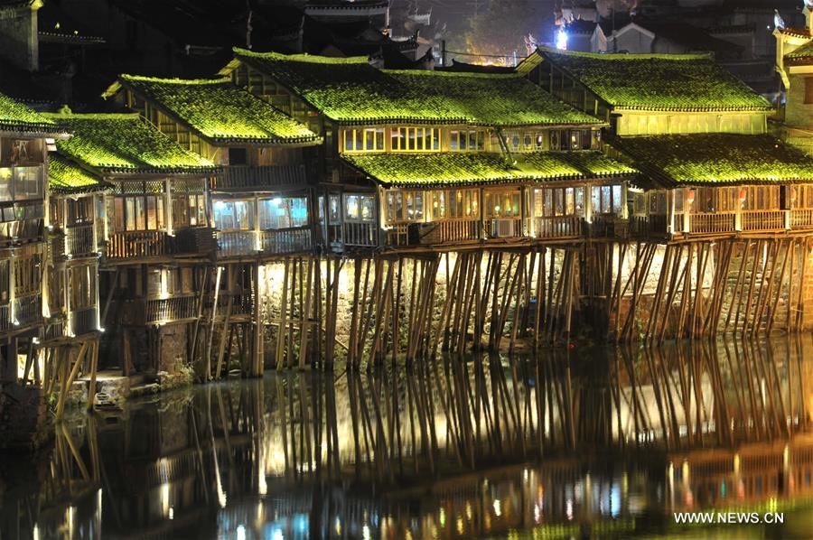 Night view of Fenghuang ancient town in China's Hunan