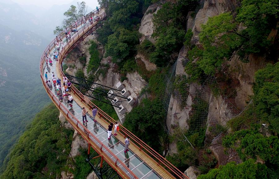 Scenery of plank road on cliff of Shaohua Mountain