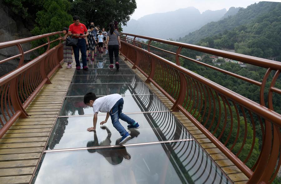 Scenery of plank road on cliff of Shaohua Mountain