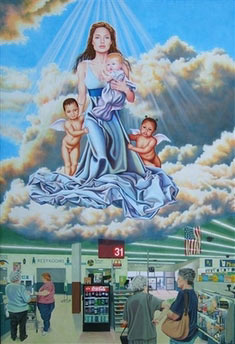 This photo provided by Chelsea Galleria shows a painting 'Blessed Art Thou,' by North Carolina artist Kate Kretz that features actress Angelina Jolie and her three children hovering in the heavens above a Wal-Mart. Kretz says she's intrigued by the public fascination with celebrities. The painting will be shown at Art Miami, an arts show. (AP Photo