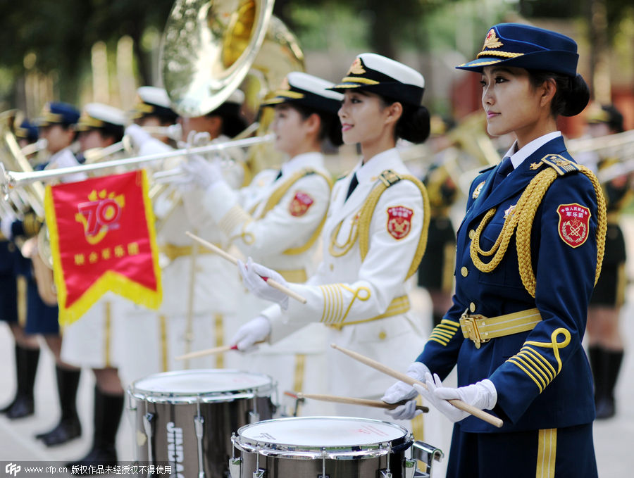 Female soldiers of military band practice for the V-Day parade